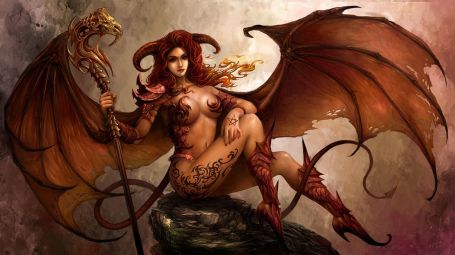 art-demon-girl-wings-horns-stick-stone-sitting-tattoo